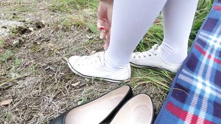 Schoolgirl in White Knee Socks Walk Nature Foot Feet Fetish under Skirt