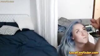 Blue haired cam girl sucks