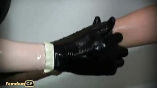 Latex lesbian licking boots