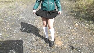 Schoolgirl in White Knee Socks and Black Shoes under the Skirt