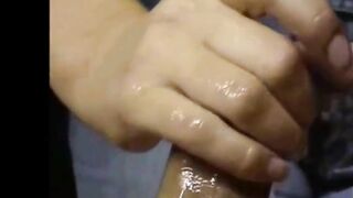 Busty woman gives handjob, makes a cummy mess 2