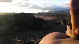 masturbation beach in front two girls with cum