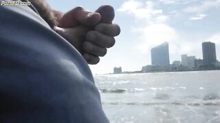 Jerking off on public beach-Big Cum Shot-Hairy Bear 5