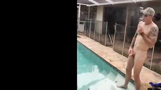 Married hunk jerks off over the pool while smoking