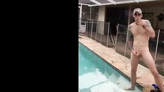 Married hunk jerks off over the pool while smoking