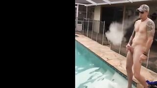 Married hunk jerks off over the pool while smoking