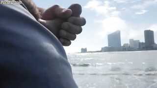 Jerking off on public beach-Big Cum Shot-Hairy Bear