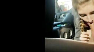 Blonde college girl with braids sucks cock in the car