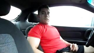 Hairy Latino bud jacks off in his car