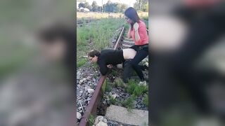 Mistress Israeli with slave in public scene