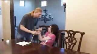 Bound and tape gagged slut gets fucked on the table