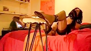 Tranny waits for stocking foot punishment 3