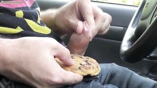 boy masturbates and squirts cum on biscuit cake