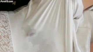 White nylon slip wank & cum