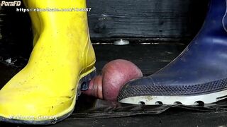 Extreme Ball Stomping and Trampling with DOGA Rubber boots on cock board