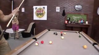 Midget fidget loses a game of pool, has to pay up with her sloppy, wet cunt